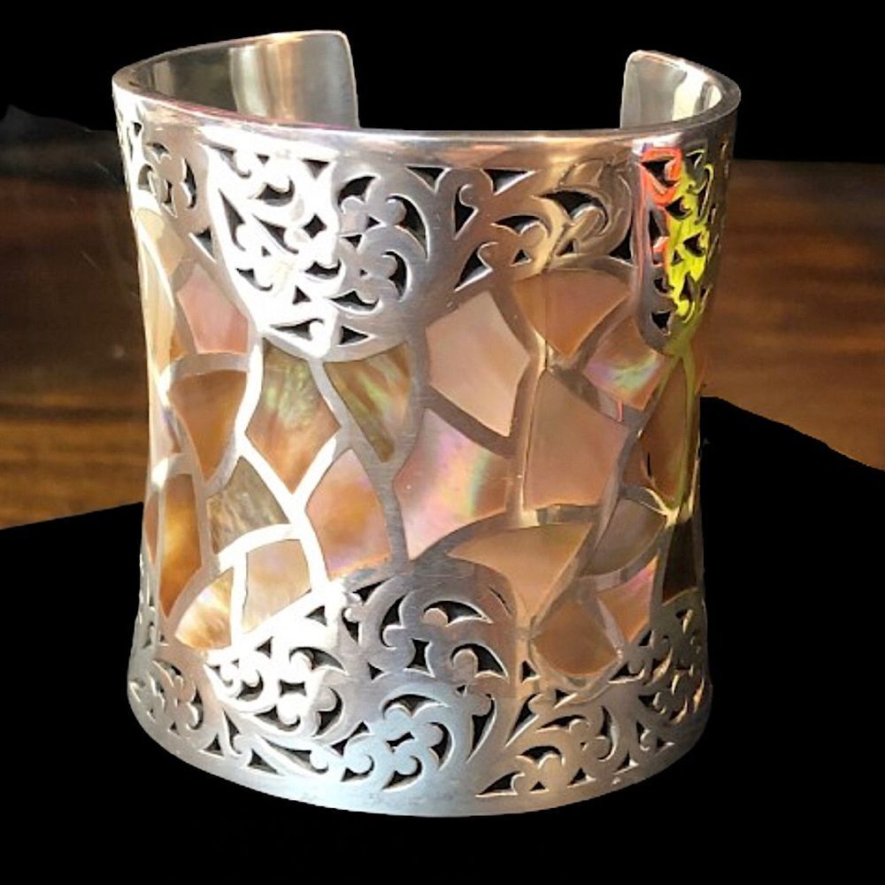 LOIS HILL Tall Sterling Silver Abalone Mosaic Inlay Cuff Bracelet